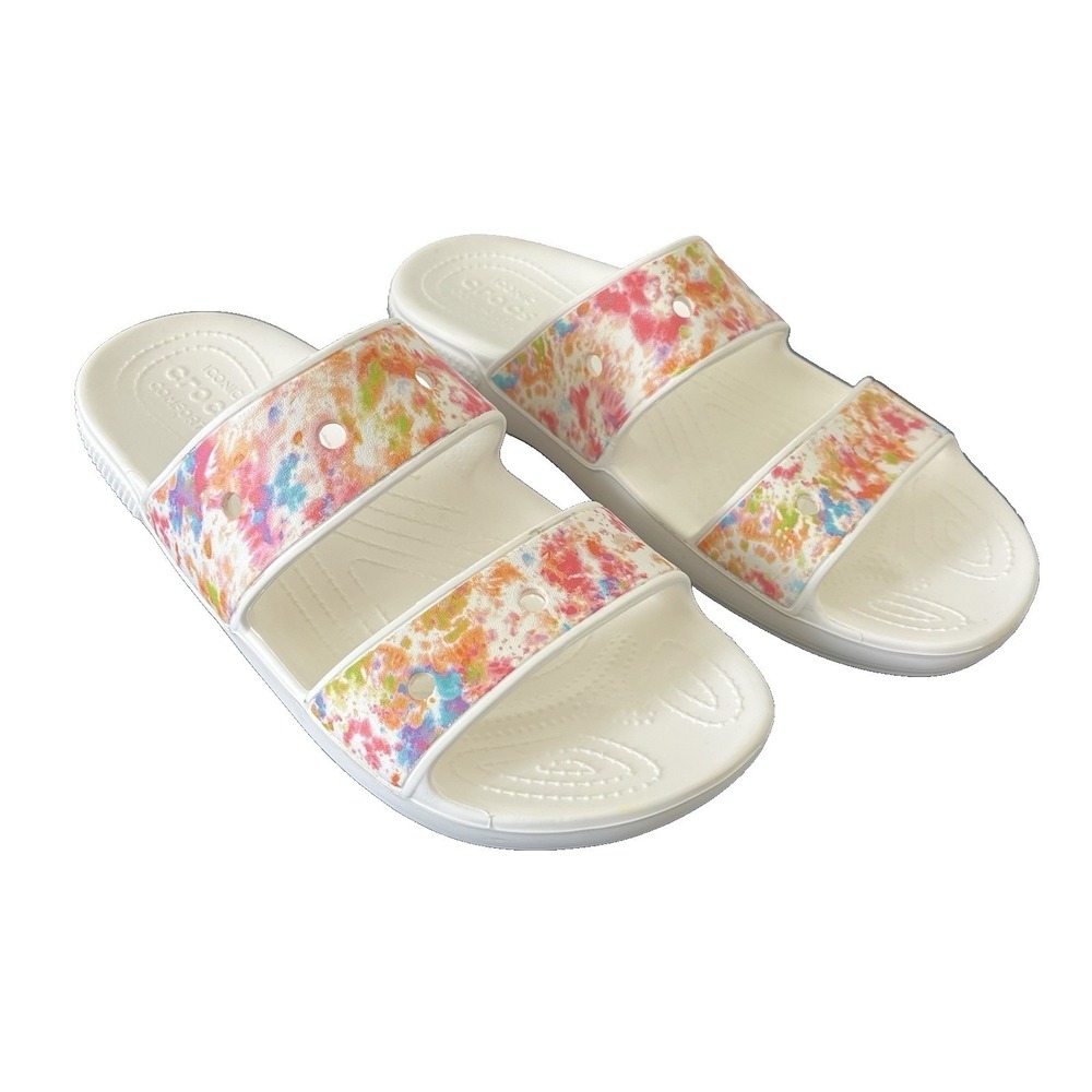 Crocs Classic Slide Sandals Unisex Men sz 9 Multi Pink White Slip on Splatter